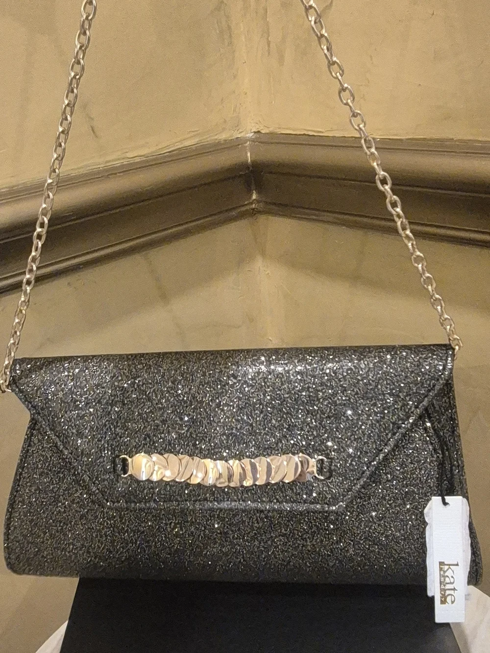 kate spade Black Glitter Envelope Clutch with Gold Chain